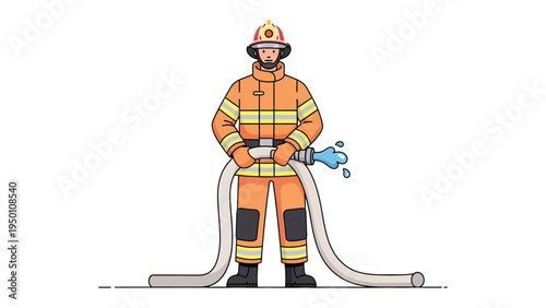 Firefighter in Action: A dedicated firefighter, clad in protective gear, stands poised, expertly directing a powerful stream of water from a hose, ready to combat flames and protect lives.