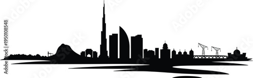 Dubai inspired city skyline silhouette featuring iconic tower various modern buildings and water