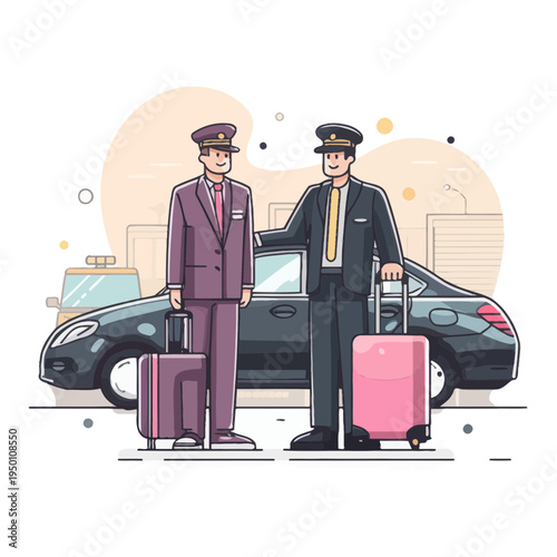 Two Chauffeurs with Luggage by Luxury Car