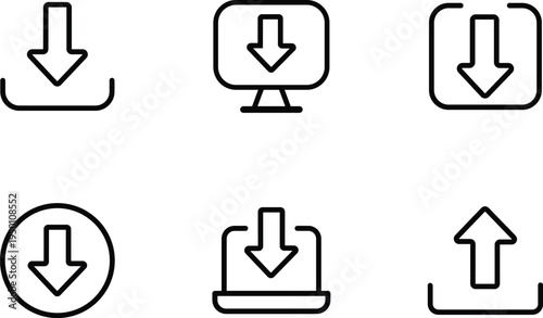 Collection of diverse line art icons representing download and upload actions for digital data transfer