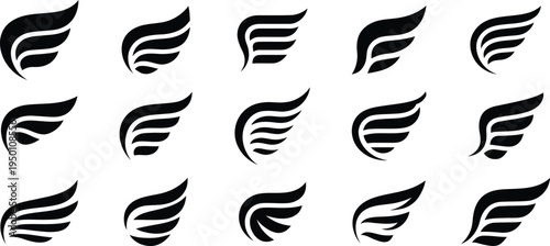 Collection of black stylized wings isolated on a white background representing freedom and abstract design elements