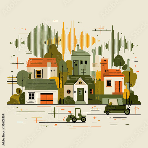 Urban Neighborhood With Sound Waves Illustration
