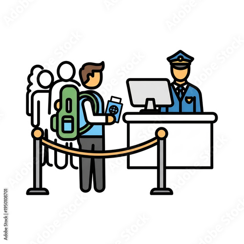 Airport passenger check in with security officer.
    