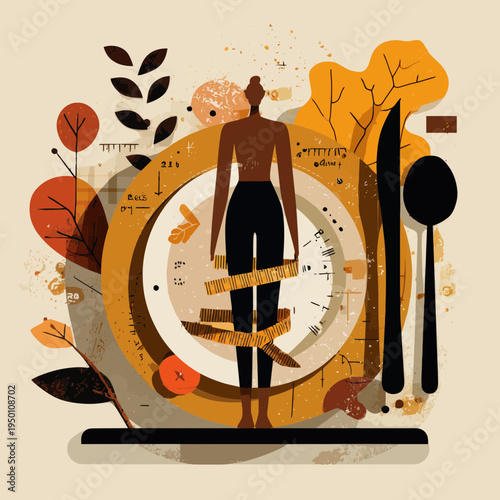 Woman measures body with tape amidst healthy food and utensils