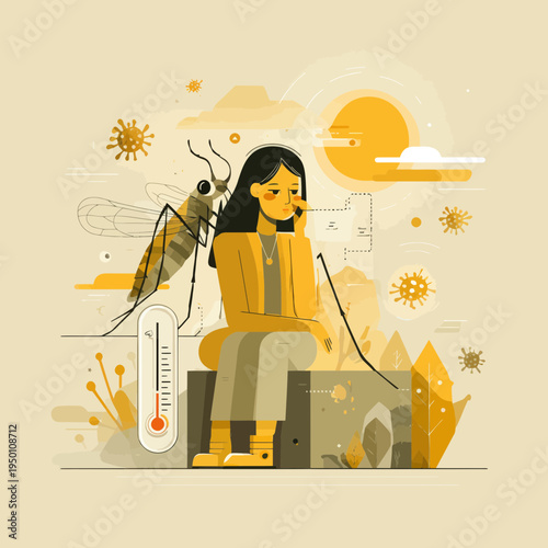 Woman feeling ill from mosquito bite with fever and thermometer