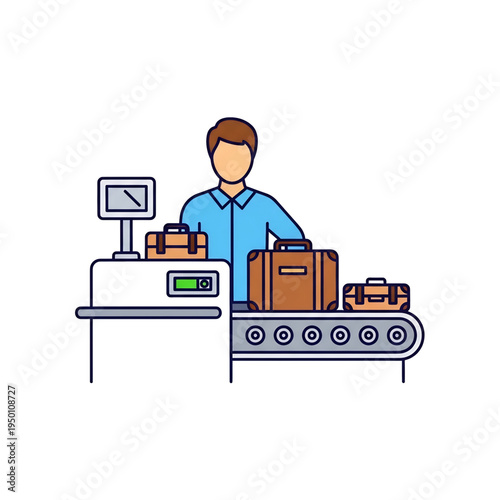 The icon shows the baggage check-in process at an airport: a staff member stands behind a counter with a scale and conveyor belt carrying suitcases and bags. It symbolizes airport operations, passenge