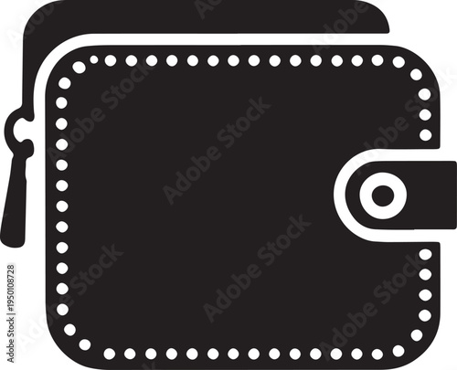 Flat black icon representing closed leather wallet with stitched holes and zipper accessory