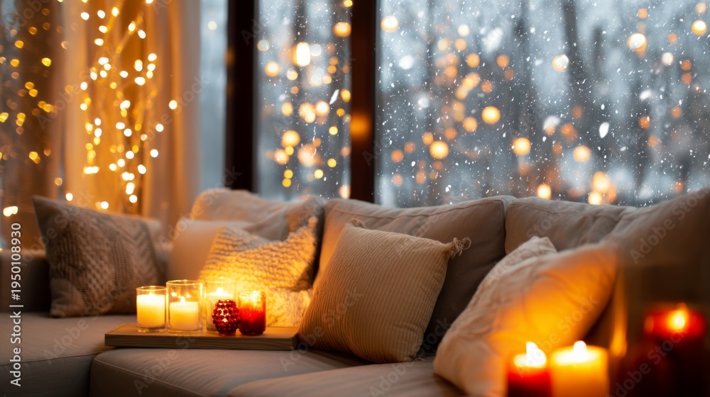 Obraz premium Cozy Winter Room Decorated for Christmas During a Snowstorm with Candles