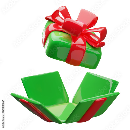 3D open green gift box with red ribbon bow vector icon. Festive surprise present uncapped empty box with flying lid. Realistic volume holiday decoration. Birthday, Christmas celebration. Unbox package