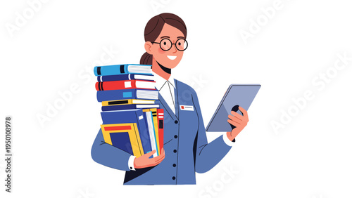 Librarian with Books and Tablet: A smiling librarian holds a stack of books and a tablet, symbolizing the blend of traditional knowledge and modern technology in libraries.