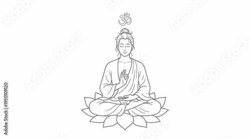 Peaceful Meditating Buddha with Sacred Om Symbol on Lotus Flower - Serene Line Art Illustration for Spiritual Harmony