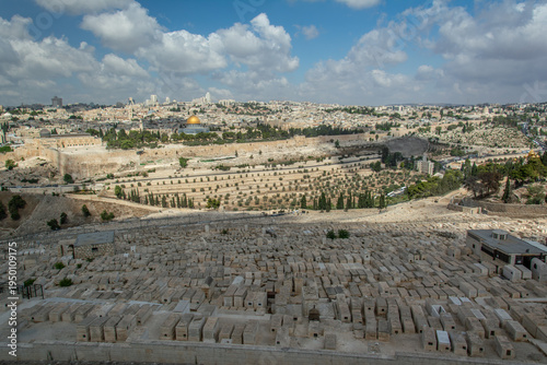 Jerusalem Old City Skyline with Dome of the Rock and Mount of Olives Cemetery