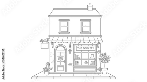 Charming monochromatic line art illustration of a cozy two-story bookshop building with an inviting entrance and storefront
