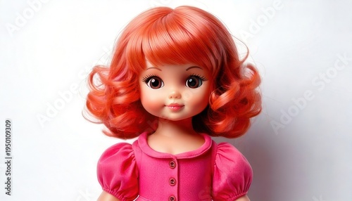 Vintage Red-Haired Doll in Pink Dress on White Background.