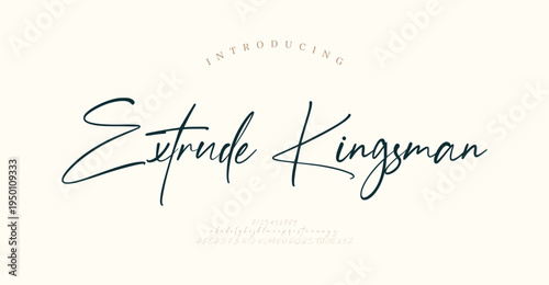 Extrude Kingsman, Script font alphabet uppercase lowercase and number. Classic lettering minimal fashion designs. Typography modern serif fonts regular decorative vintage concept. Vector illustration
