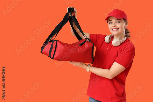 Female courier with food ba...