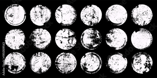 Grunge circles with stains and scratches. Circle brush stroke, round shape design element. Distressed dirty text frame, border, sticker or label. Paintbrush, ink stains. Vector illustration