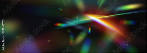 Rainbow light flare with iridescent crystal effect, prismatic colors and glowing aurora gradient, abstract vector background. Dark banner, modern design overlay. Bright border, holographic spectrum