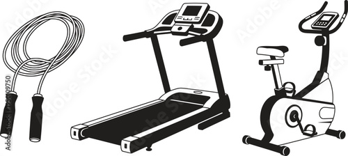 Collection of fitness equipment featuring a jump rope treadmill and stationary bike rendered in a clean black and white vector style for health and workout designs