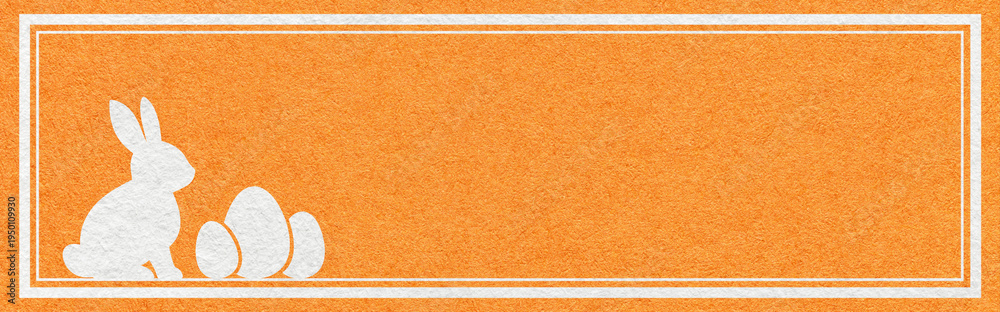Fototapeta premium Easter website header banner with white bunny and eggs silhouette on orange textured paper background with copy space