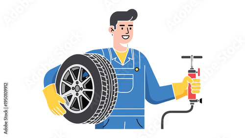 Mechanic at Work: A skilled mechanic, equipped with essential tools, meticulously works on a vehicle tire, ensuring optimal performance and safety.