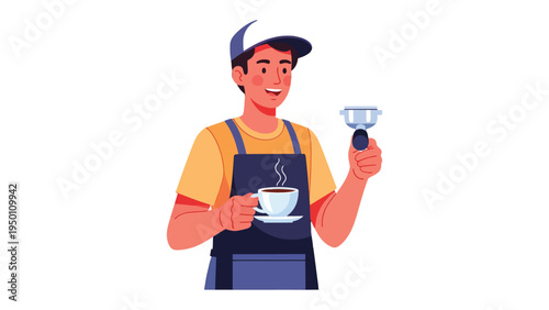 Crafting Coffee: A cheerful barista holding coffee equipment, presents a freshly brewed coffee, exuding warmth and inviting ambiance. 