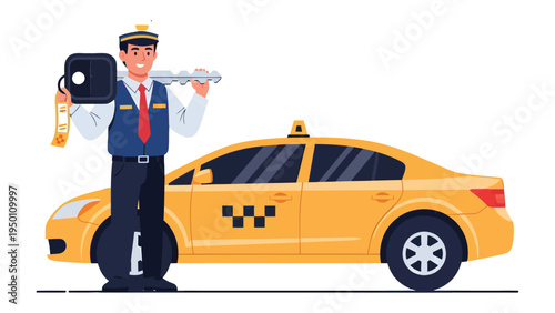 Taxi Service Ready to Go: An illustrated taxi driver, poised beside a vibrant yellow cab, holds keys, ready to provide efficient transportation and ensure a smooth journey.