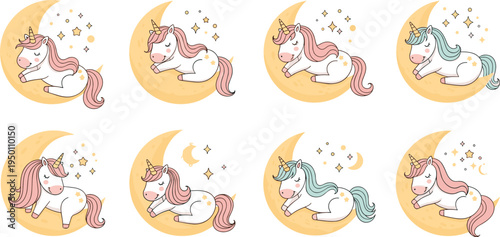Cute Sleeping Unicorns on Moon with Stars for Dreamy, Magical, and Fantasy Designs