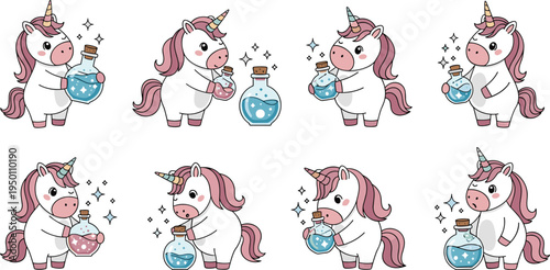 Cute Cartoon Unicorns with Potions and Magic Bottles for Fantasy, Magical, and Whimsical Designs