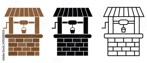 Water well vector. Silhouette of water well icon symbol. Water well silhouette with rope and pulley icon. Vector illustration.