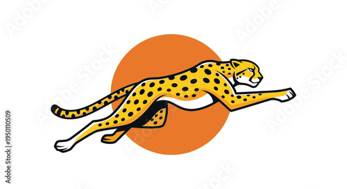 Cheetah running in front of orange sun.