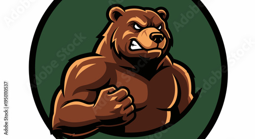 Muscular cartoon bear in green circle.