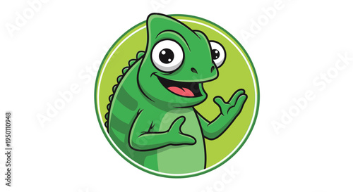 A cartoon green chameleon with big eyes.