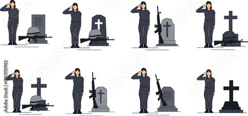 Saluting Soldier at War Memorial with Cross and Rifle in Honor and Respectful Tribute Illustration