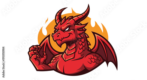 A cartoon red dragon with flames.