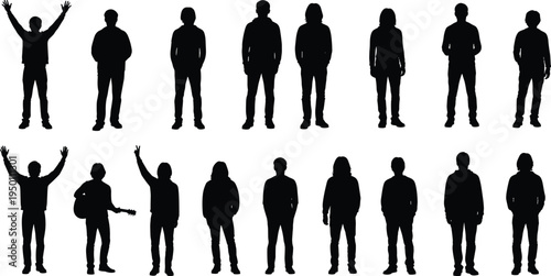 Collection of standing men silhouettes, male figures in different poses, isolated on white background, black human shadow illustration set