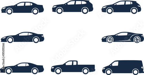 Collection of vehicle silhouettes including sedan, hatchback, coupe, sports car, pickup truck and van isolated on white background, transport icons