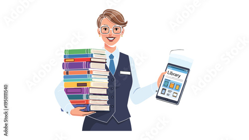 Digital Library Integration: A librarian carries a stack of books while holding a tablet showcasing a digital library app, symbolizing the convergence of traditional and modern knowledge resources.