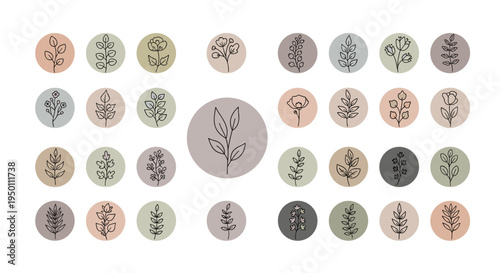 Large set of various botanical icons featuring flowers and branches in muted earth tone circles on a white background.