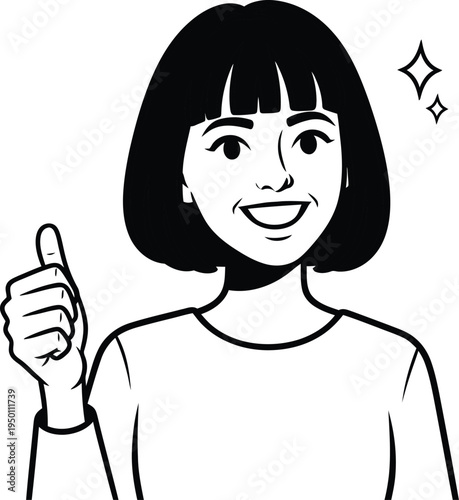 A smiling cartoon woman with a thumbs up gesture and sparkles