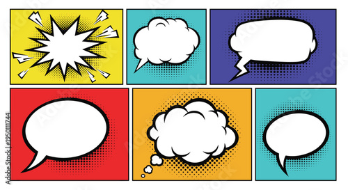 Colorful six panel comic book page layout with blank pop art speech bubbles and halftone backgrounds for stories.