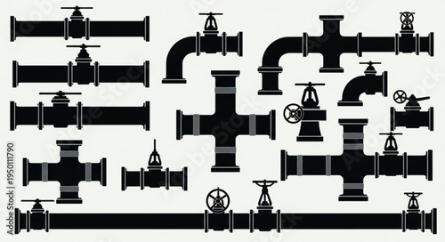 Collection of Black and White Pipe Fittings and Valves.