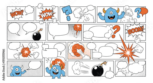 Dynamic comic book layout features blue monsters with horns engaged in action among speech bubbles bombs and loud sound effects for an exciting story.