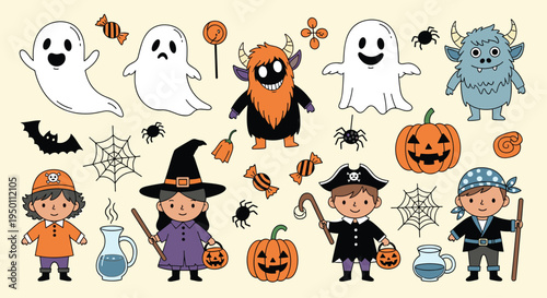 Fun collection of colorful Halloween characters including ghosts monsters pumpkins witches and pirates for festive party invitations and cards.