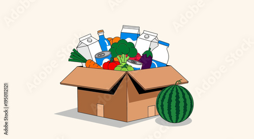 A cardboard box overflowing with fresh produce and grocery items