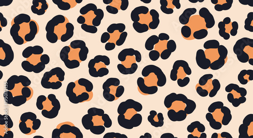 Trendy seamless leopard print pattern with orange and black spots on a light beige background for fashion and textile design applications.