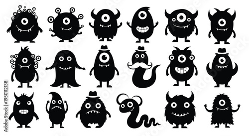 Diverse collection of black monster silhouettes with funny faces horns and multiple eyes for creative children's graphics and Halloween.