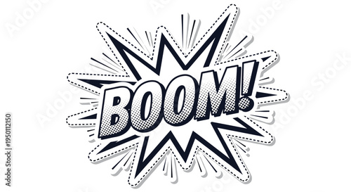 Stylized comic book explosion bubble with the word boom in bold letters featuring a halftone dot pattern and a sticker-like white border.