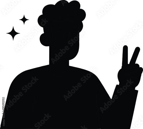 Silhouette of a person with curly hair making a peace sign