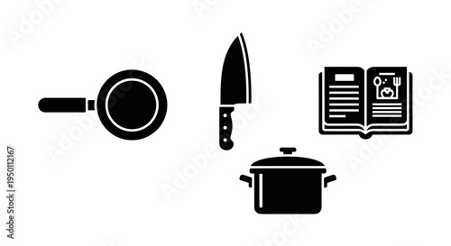 Cooking utensils and pot icons.